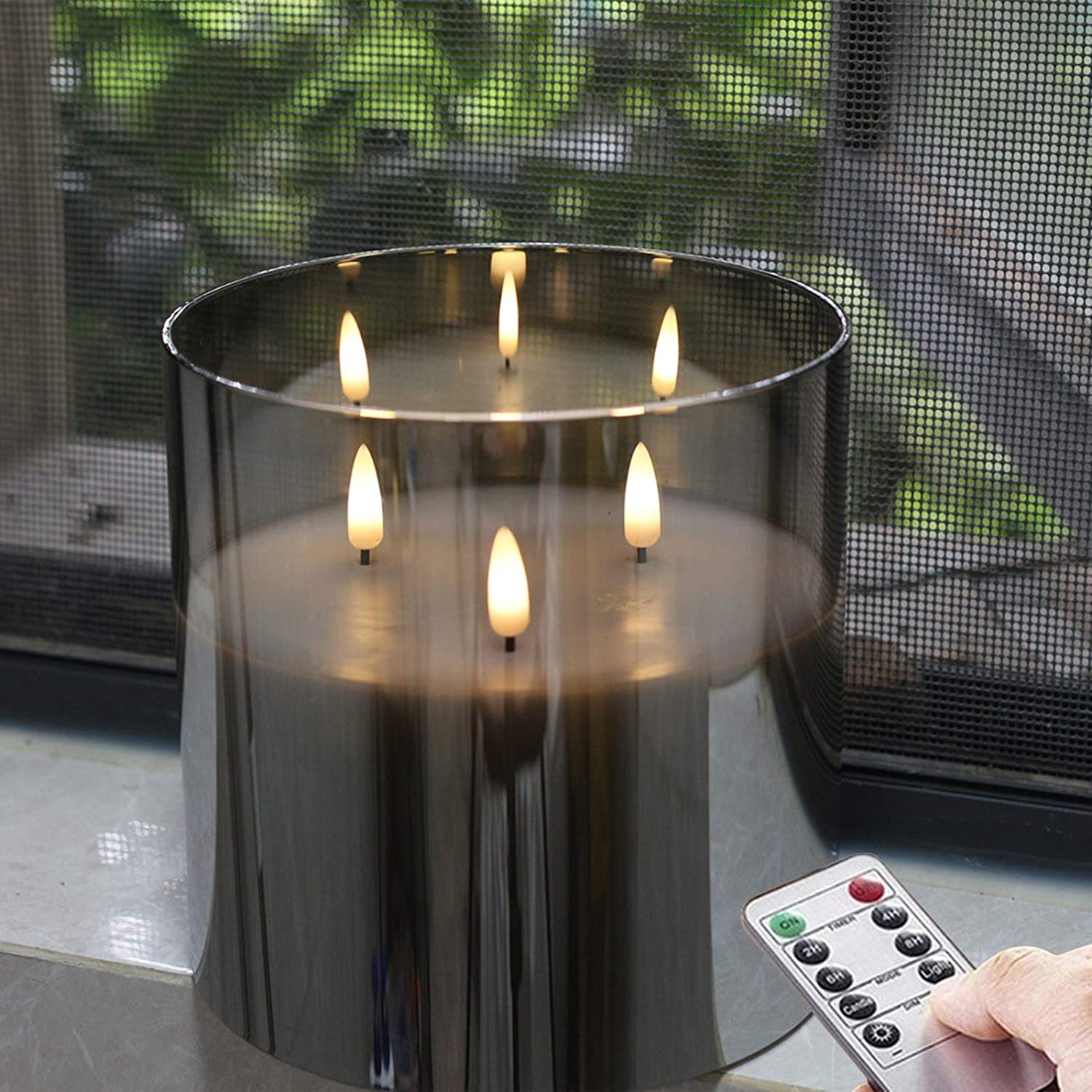 6X6'' Smoky Gray Glass Flameless Candle ,3 - Wicks Warm White LED Flame , Large Battery Operated Pillar LED Candle with… - Image 9